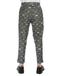 Thom Browne Crane Cloud Embroidered Trousers Gray