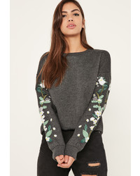 Missguided Grey Floral Embroidered Sleeve Sweatshirt
