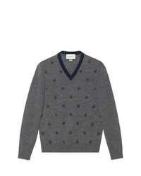 Gucci Wool V Neck With Bees And Stars