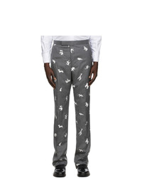 Thom Browne Grey Wool Animal Embroidered Trousers