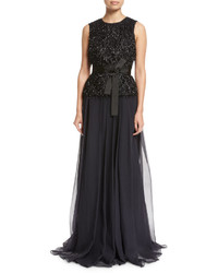 Brunello Cucinelli Fil Coupe Belted Gown With Organza Skirt