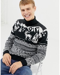 Burton Menswear Roll Neck Christmas Jumper With Fairisle Stags In Navy