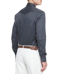 Brunello Cucinelli Flannel Western Sport Shirt Dark Gray