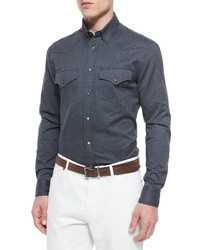 Brunello Cucinelli Flannel Western Sport Shirt Dark Gray
