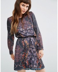 Lavand Sheer Long Sleeve Dark Floral Dress With Belt