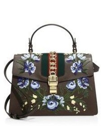 Gucci Sylvie Floral Embroidered Leather Top Handle Bag