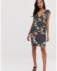 Paper Dolls Short Sleeve Floral And Check Jacquard Mock Wrap Pencil Dress