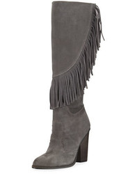 Charcoal Fringe Suede Knee High Boots