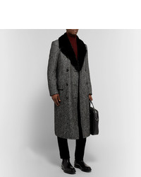 Dunhill Double Breasted Shearling Trimmed Herringbone Wool Blend Coat