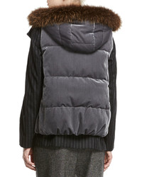 Brunello Cucinelli Velvet Puffer Vest With Fur Trim Hood