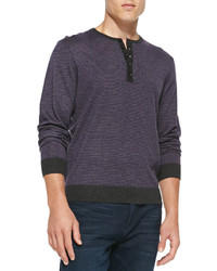 Neiman Marcus Fine Stripe Cashmere Henley Sweater Charcoallavender