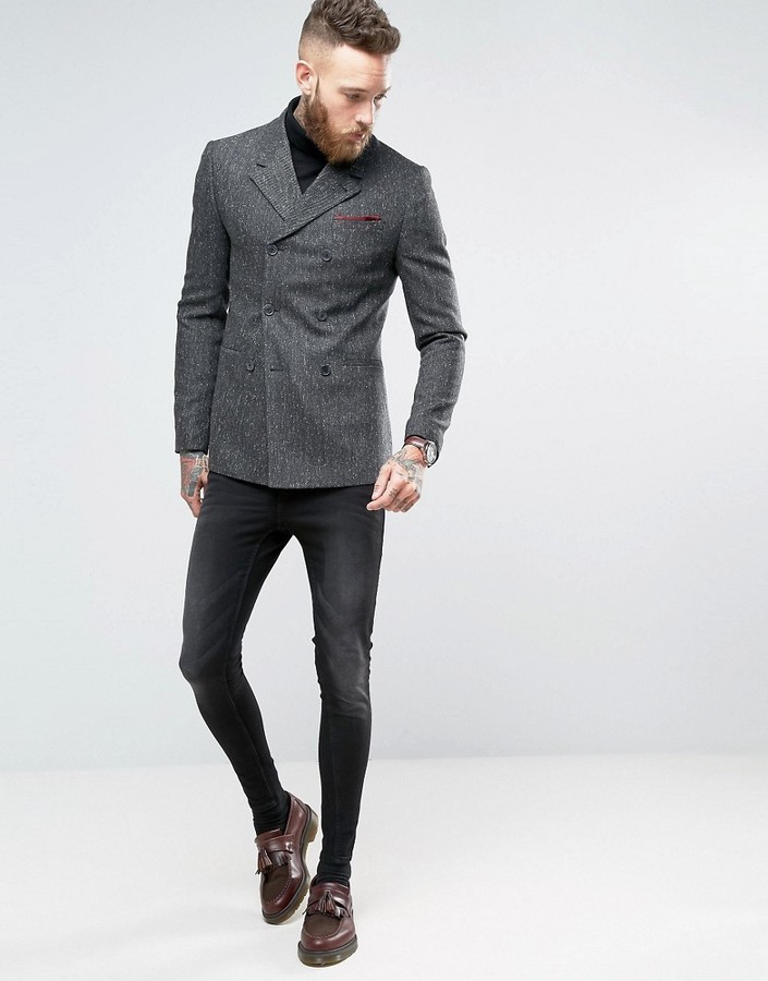 Asos Skinny Double Breasted Suit Jacket In Herringbone 81 Asos Lookastic 9285