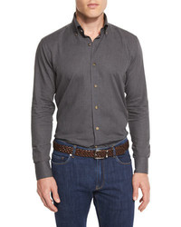 Peter Millar Melange Herringbone Long Sleeve Sport Shirt Dolomite Gray
