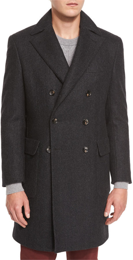 Neiman Marcus Herringbone Cashmere Double Breasted Coat