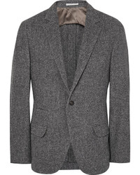 Grey Slim Fit Herringbone Wool Silk And Cashmere Blend Blazer
