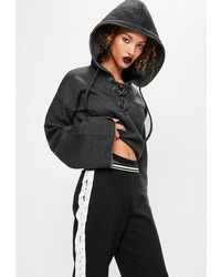 Missguided Grey Cropped Flare Sleeve Lace Up Hoodie