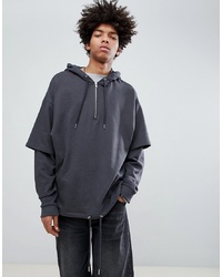 ASOS DESIGN Oversized Hoodie With Drawstring Hem And Double Layer Sleeves In Washed Black