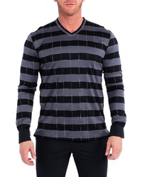 Maceoo Edison Blocks Grey Stripe Long Sleeve V Neck T Shirt