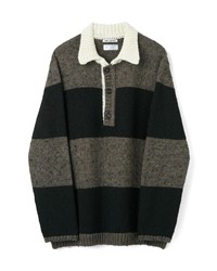 Charcoal Horizontal Striped Wool Polo Neck Sweater