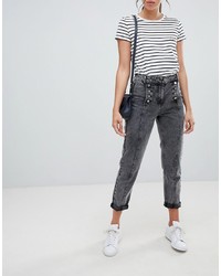 ASOS DESIGN Ritson Rigid Mom Jeans In Washed Black With Matelot Detail