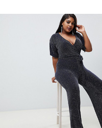 Missguided Plus Glitter Wrap Over Jumpsuit In Navy