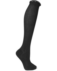 Prada Lace Trimmed Ribbed Cotton Knee Socks Dark Gray