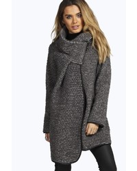 Boohoo Hayley Boucle Funnel Knit Coat With Pu Trim