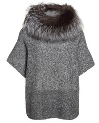 Fabiana Filippi Pebble Tweed Knit Poncho With Genuine Fox Fur Collar