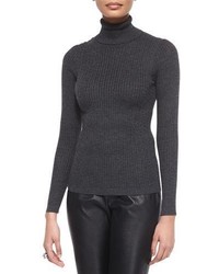 St. John Collection Ribbed Knit Turtleneck Sweater Gray Marble