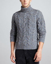 Neiman Marcus Superfine Marled Cable Knit Turtleneck Sweater Blue