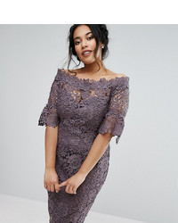 Paper Dolls Plus Bardot Crochet Dress With Fluted Sleeve In Charcoal