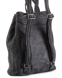 Neiman Marcus Basketweave Drawstring Bucket Backpack Dark Charcoal