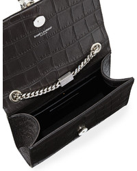 Saint Laurent Monogram Small Kate Tassel Crocodile Embossed Shoulder Bag Dark Gray