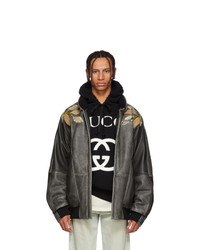 Gucci Black Leather Applique Bomber Jacket