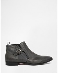 Asos Brand Boots In Gray Leather With Buckle