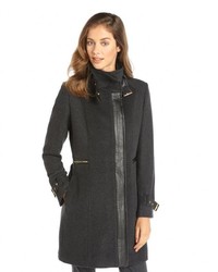 Cole Haan Black Wool And Cashmere Faux Leather Trim 34 Length Coat