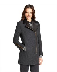 Kai-aakmann Charcoal Wool Blend Asymmetrical Wool Coat With Leather Collar