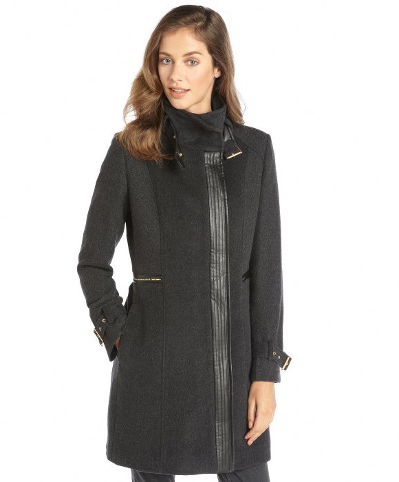 Cole Haan Black Wool And Cashmere Faux Leather Trim 34 Length Coat ...