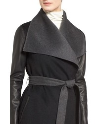 Mackage Leather Sleeve Wool Blend Wrap Coat