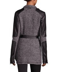 Blanc Noir Leather Trim Sweater Coat