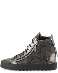 Giuseppe Zanotti Crocodile Embossed Leather High Top Sneaker Pewter