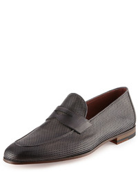 Magnanni For Neiman Marcus Perforated Leather Penny Loafer Gray