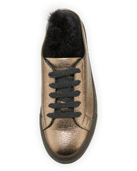 Brunello Cucinelli Fur Lined Metallic Leather Slide Sneakers