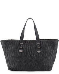 Neiman Marcus Distressed Woven Leather Tote Bag Dark Charcoal