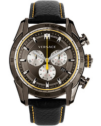 Versace 44mm V Ray Chronograph Watch W Leather Strap Gray