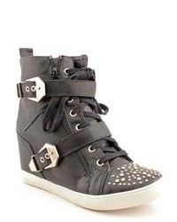 Penny Loves Kenny Kahi Black Faux Leather Wedge Sneakers