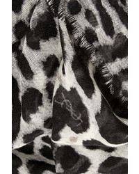 Saint Laurent Leopard Print Cashmere And Silk Blend Scarf Gray