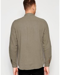 Asos Brand Stone Military Shirt In Regular Fit Linen Mix With Long Sleeves