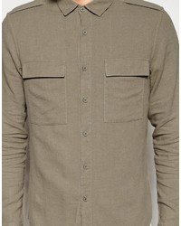 Asos Brand Stone Military Shirt In Regular Fit Linen Mix With Long Sleeves