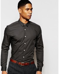 Asos Brand Slim Shirt With Stretch In Charcoal